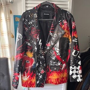 Reason Black and Red Graphic Leather Jacket